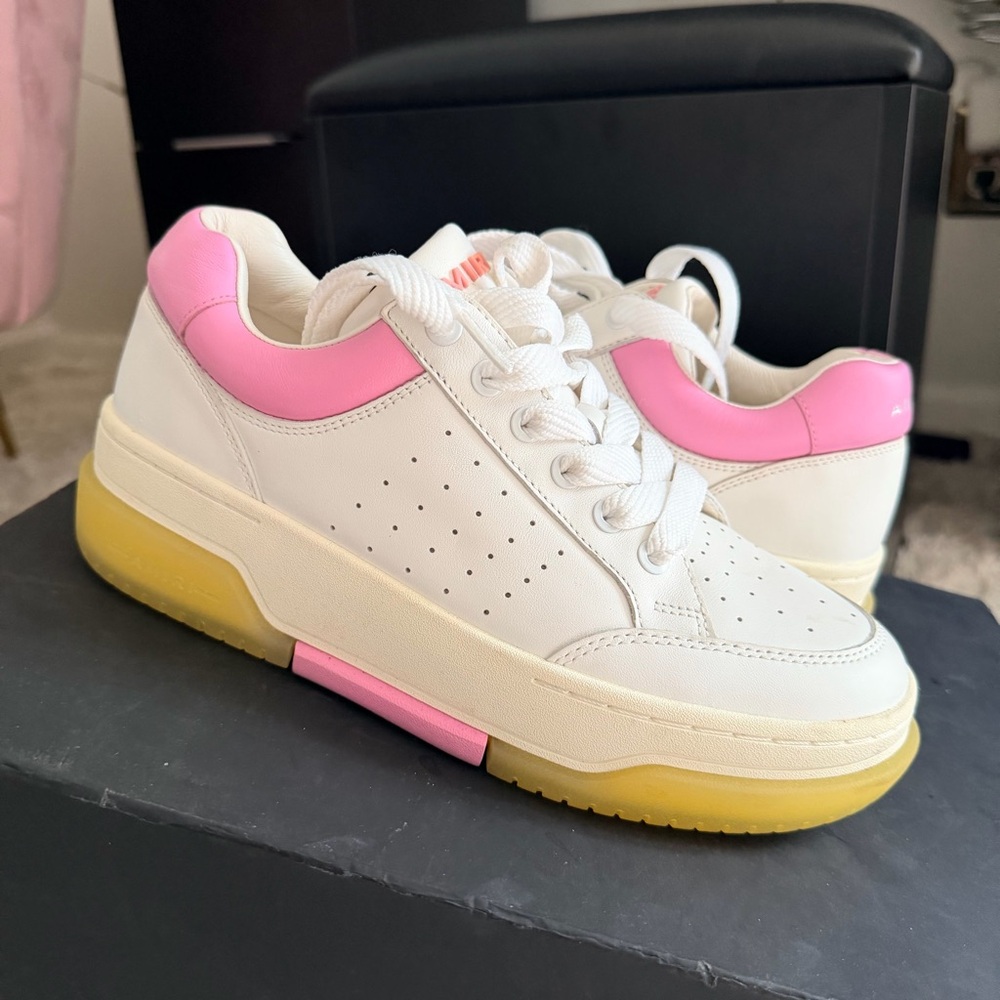 AMIRI White and Pink Sneakers with Yellow Sole